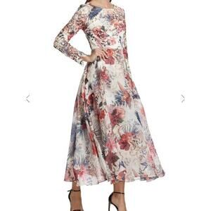 NWT Marchesa Notte Flared Floral Long-Sleeve Dress Size 8 #2N502